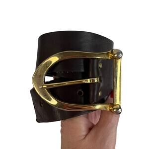 Vintage Garay Medium M Cowhide Brown Leather Belt Wide Design Gold Toned Buckle